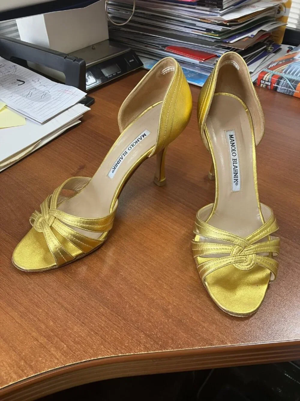 Manolo Blahnik Leather D'Orsey Gold Pump Heels